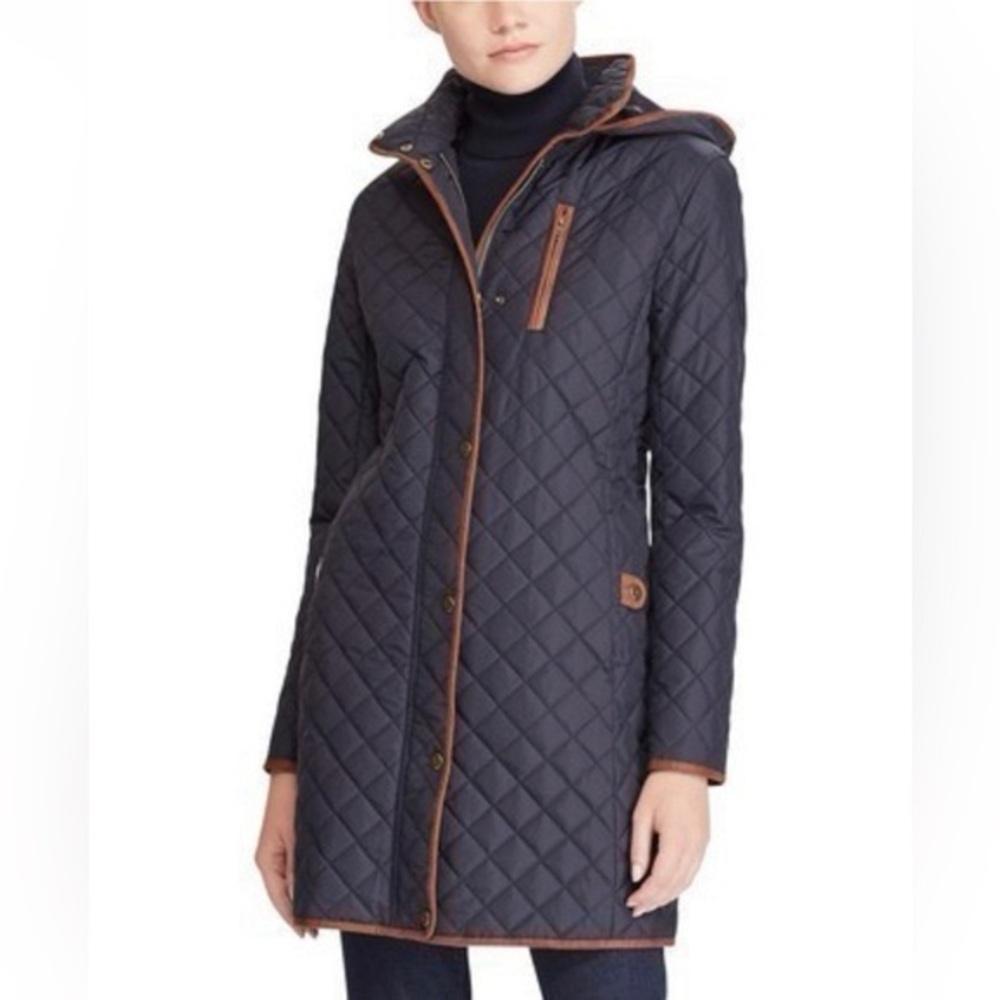 Lauren Ralph Lauren Hooded Quilted Faux-Suede-Trim Coat Size XS in Navy